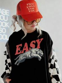 Easy Tiger Shirt Retro Boho Tee Unisex Aesthetic Shirt Graphic Tee Y2k Woman Teen Girls Tee Crew Neck Cool Summer Shirt Short Sleeve Top,Animal Fruite Pet Pattern, Women Graphic-Shirt, Fashion 2026,Gifts, Women's Clothing, Cartoon And Letter Printing, Comfortable Cotton Material, Skin Friendly, Soft And Cool, Spring Summer Women's-Shirt Clothing - 黑色 - 查看 12