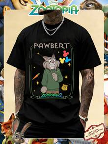 Camiseta de cuello redondo unisex de algodón de 220g con estampado de Pawbert de Zootopia 2, con licencia oficial de Disney - Negro - Ver 1