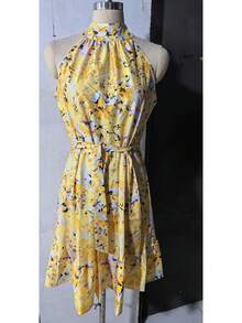 Women's Dress 2026 Spring Summer, New Collection, Elegant, Adjustable Strap, Ruffles, Wide Skirt, Floral Print, - Yellow - View 3