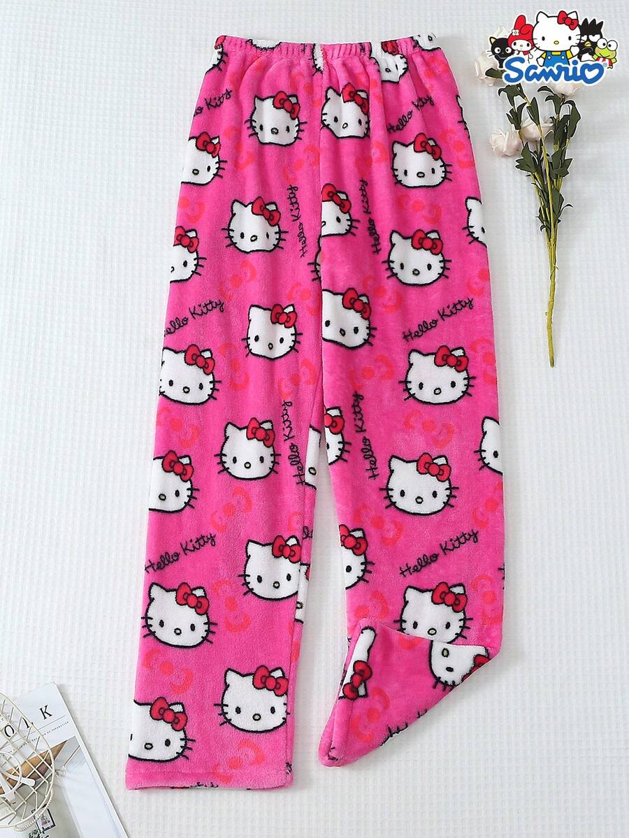 SANRIO [Homely Gents]Women's Winter Hello Kitty Cute Cartoon Flannel Pajama Pants, Soft, Fluffy, Non-Transparent, Suitable For Home Relaxation - Hot Pink - View 1