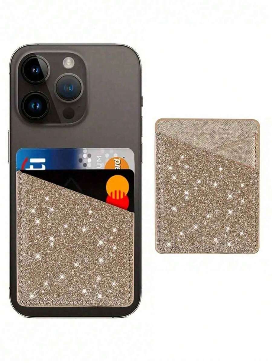 1pc Brown PU Leather Slim Card Holder, Adhesive Phone Card Slot, Card Case For ID/Credit Cards, Bus/Access Cards - Brown - View 1