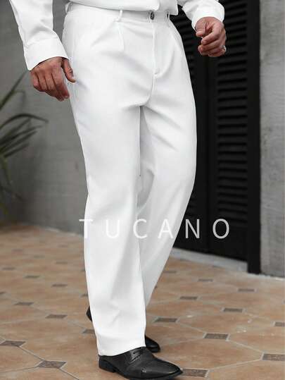 Tucano Men's White Pleated Formal Straight-Leg Pants, Suitable For Weddings, Office And Formal Occasions