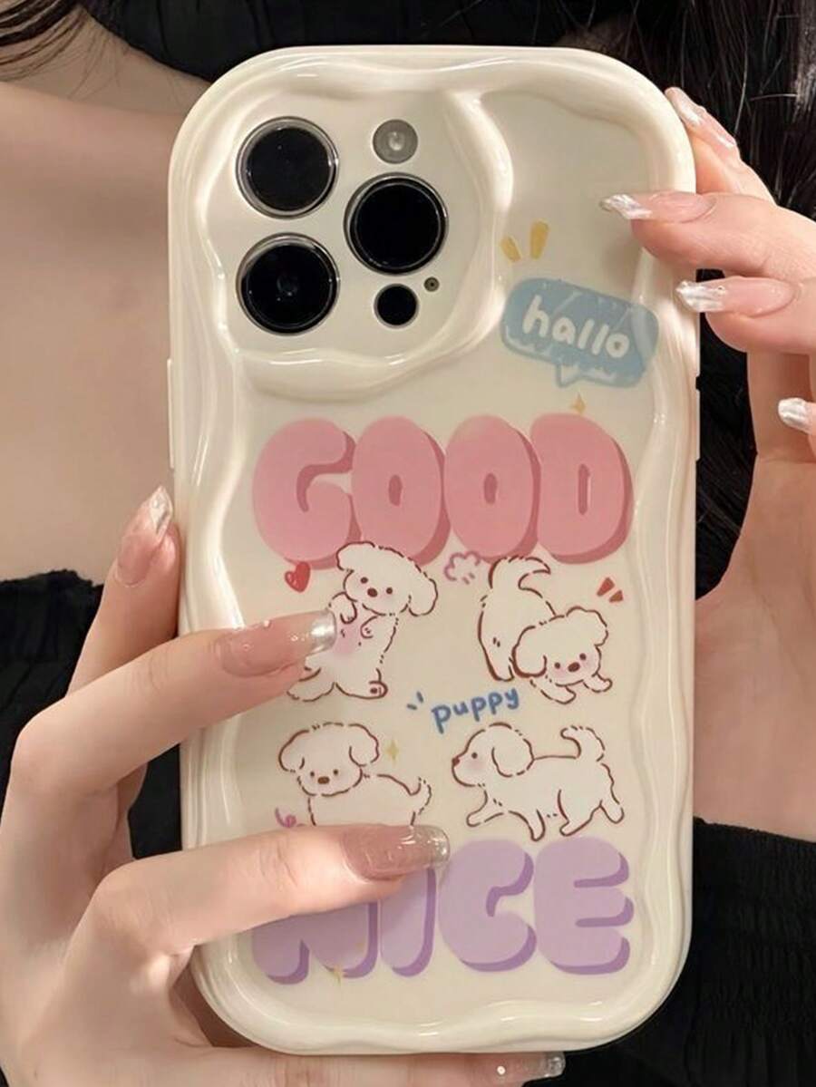 1pc Cream Wavy Cute Cartoon Happy Dog Anti-Fall Full Coverage Phone Case, Suitable For IPhone11/12/13/14/15/16/17/PROMAX - Beige - View 1