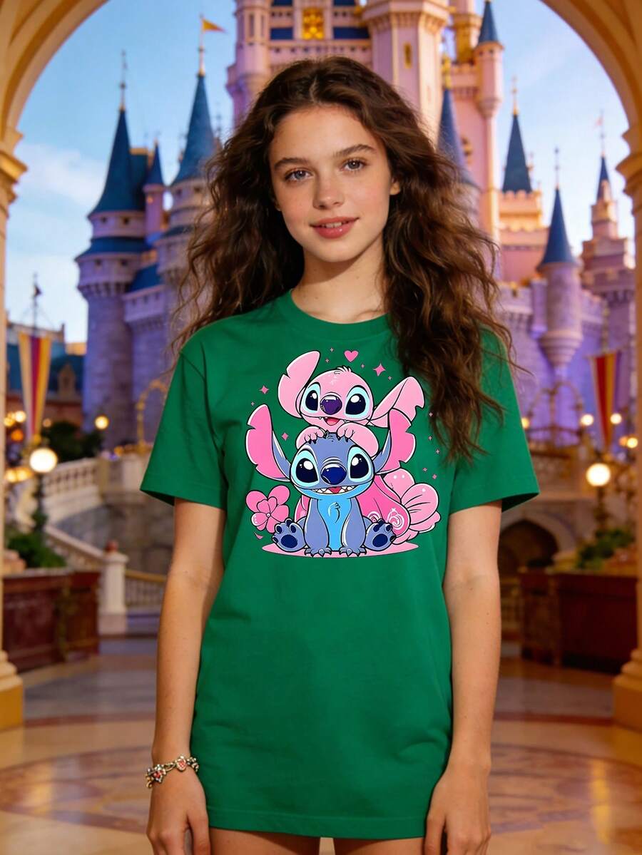 Disney Authorized Women's Casual Short Sleeve T-Shirt, Lilo & Stitch Stitch & Angel Stack Print, Cute Healing Style, Breathable Comfortable Fabric, Machine Washable, All-Match For Multiple Scenarios - 綠色 - 查看 1