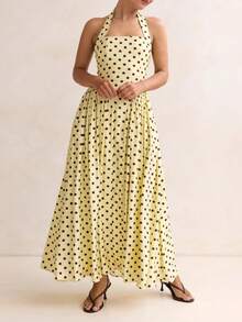 Women's Polka Dot Halter Neck Maxi Dress, Square Neck Sleeveless Backless Flared Long Dress With Pockets, Vintage Bohemian Style For Beach Vacation Casual Party, Spring Summer Elegant Occasion - Màu vàng - Xem 4