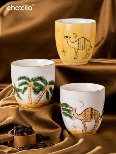choxila 1pc Saudi Style Hand-Painted Coconut Tree & Camel Pattern Ceramic Coffee Cup, Desert Palm Tree Tea Cup, Middle Eastern Style Water Mug, Matcha Cup, Milk Tea Cup, Mug, Wooden Cup Coaster, Coffee Cup Mat, Suitable For Home, Guest Reception, Restaurant, Yard