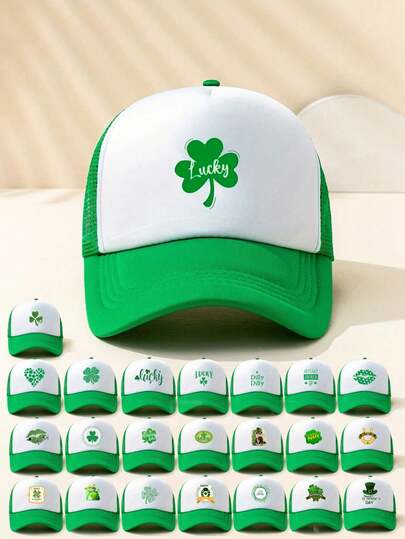 1顶圣帕特里克节户外多款式四叶草棒球网帽，可调节防晒休闲帽，适合情人节、春秋季旅行，多功能遮阳，圣帕特里克节，男士遮阳帽，Y2K风格青年帽