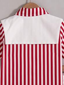 2pcs/Set Boys' Casual Striped Print Decorated Patch Collar Short Sleeve Top And Solid Color Decorated Shorts Outfit, Spring/Summer - Red - View 4