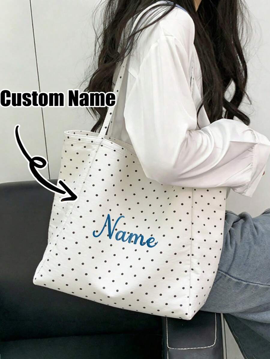 1个定制名字大容量手提袋，波点帆布手提包，女士单肩包，多功能购物袋，休闲收纳手提袋，秋冬时尚，新款设计，个性化礼物，大容量，适合日常使用，旅行购物，工作商务，通勤，新年礼物，情人节礼物，复活节礼物，母亲节礼物，独立日礼物，婚礼季礼物，毕业季礼物，音乐季礼物，或生日礼物 - 彩色 - 查看 1