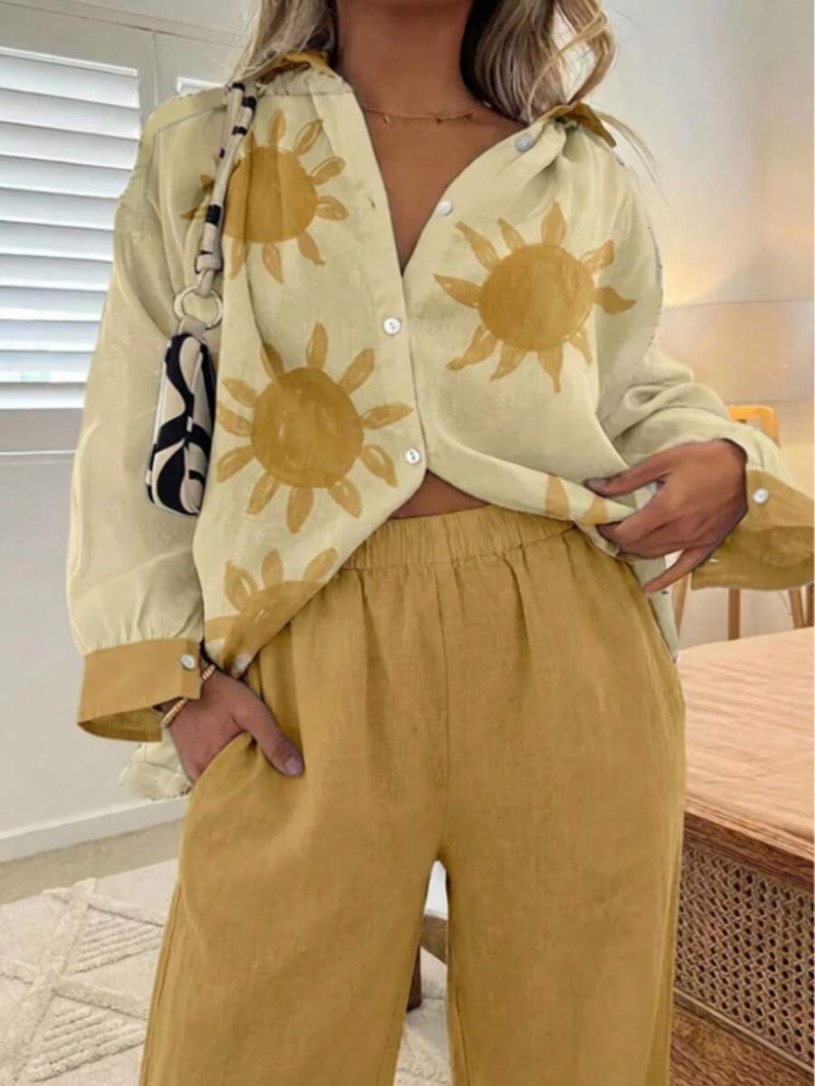 2pcs/Set Boho Sun Print Outfit: Long Sleeve Beige Button Down Shirt + Mustard Wide Leg Pants Set For Women Casual Summer Vacation Summer Resort, Beach Vacations & Boho Chic Clothes - 彩色 - 查看 1