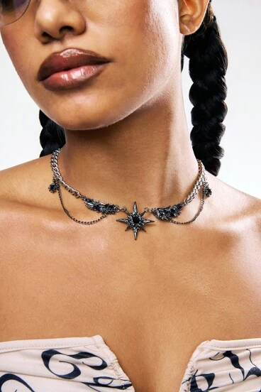 1pc Y2K Black Feather Wing & Star Pendant Necklace, Punk Hip-Hop Gothic Grunge Cool Girl Choker Multi-Layer Stacked Stainless Steel Chain, Goth Alternative Unique Collarbone Chain Edgy Dark Jewelry For Music Dance Festivals Or Vampire-Themed Evening Glam