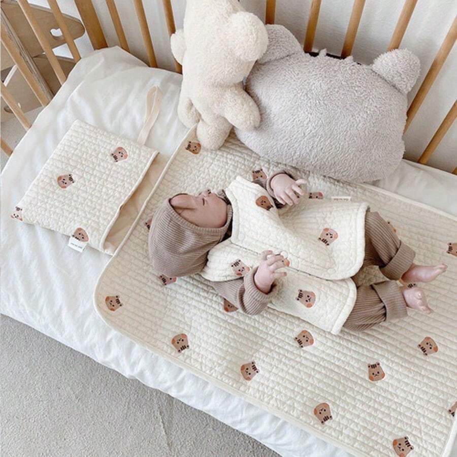 1pc Embroider Bear Diaper Bag Diaper Changing Mat, With Pocket Baby Diaper Pad, With Handle, Both Sides Can Use Baby Mat - Multicolor - View 1