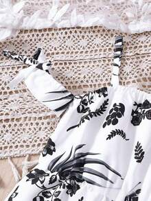 Bộ áo liền quần trễ vai thời trang cho bé gái, họa tiết thực vật đen trắng, thiết kế eo thon, thích hợp cho mùa hè. - màu đen - Xem 4