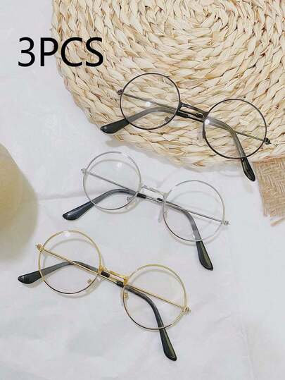 3 Pairs Retro Round Metal Children's Glasses, Suitable For Boys And Girls (Paper Glasses Case Included)
