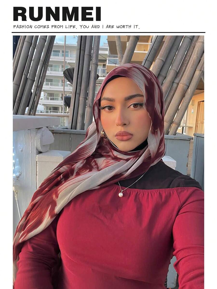 1条女士波西米亚风鹿/豹纹印花轻薄透气围巾，适合搭配长袍和日常穿着 - 樹莓紅 - 查看 1