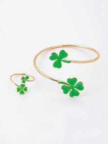 Bộ 2 món vòng tay và nhẫn hình giọt dầu bốn lá màu vàng và xanh lá cây bằng kim loại, trang sức thời trang thanh lịch cho các bữa tiệc và ngày lễ. - màu xanh lá - Xem 5