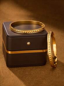 1/2/3 PiecesFashion Classic Shiny Plated 24k Gold Stainless Steel Hand-Carved Bracelet , With Diameter Of 60mm That Can Be Opened , Suitable For Women's Daily Wear , Excluding Box - Steel Ball Edge Square Bracelet - View 3
