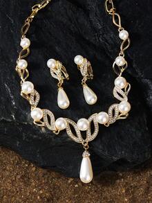 Opalesca 歐美時尚豪華鍍金項鍊與耳夾套裝，無須穿耳即可佩戴，有金色與銀色可選 - 金色 - 查看 1