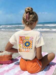 Tween Girls Casual Printed Round Neck Short Sleeve T-Shirt, Summer Top - Apricot - View 7