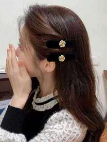 2pcs 7cm/2.76in Floral Flocked Hair Clips, Fashion Versatile High-End Elegant Minimalist Solid Color Side Clips, Suitable For Daily, Casual, Party, Commute, Beach, Bun, Ponytail, Face Washing, Makeup, Outfit Accessory, Hair Accessories, Head Accessories, Hair Claws, Hair Slide, Hair Barrettes, Flower Hair Clips, Hairpin,Festival,Birthday - Multicolor - View 2