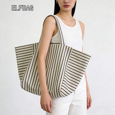 1pc Fashion Striped Pattern Women's Tote Bag, Large Capacity Casual Minimalist Style Shoulder Bag, Relaxed Retro Handbag, Neutral Elegant With Foldable Inner Lining Shopping Bag, Distinctive Contrast Color Student Bag, Suitable For Travel, School, Commuting, Shopping, Daily Use
