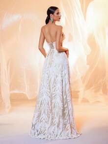 LOVE&LEMONADE Sexy V-Neck Halter Mesh Sequin Backless Criss-Cross Tie Long Party Evening Dress (Front Top Half, Back Random Floral Pattern, Not Matched) Spring Wedding - Apricot - View 7