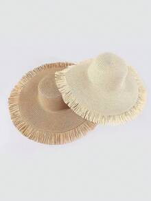 女士夏季草帽，韩式宽檐钩编帽，沙滩旅行防晒帽，可折叠时尚百搭遮阳帽 - 草帽 - 查看 7