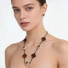 Queen - Long Four-Leaf Necklace With Natural Stones - Boho Chic Fashion 7-4 - 咖啡棕 - 查看 2
