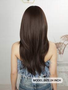 24英寸长层次直发合成纤维齐肩假发，带刘海，适合日常佩戴或参加派对。 - 棕色 - 查看 5