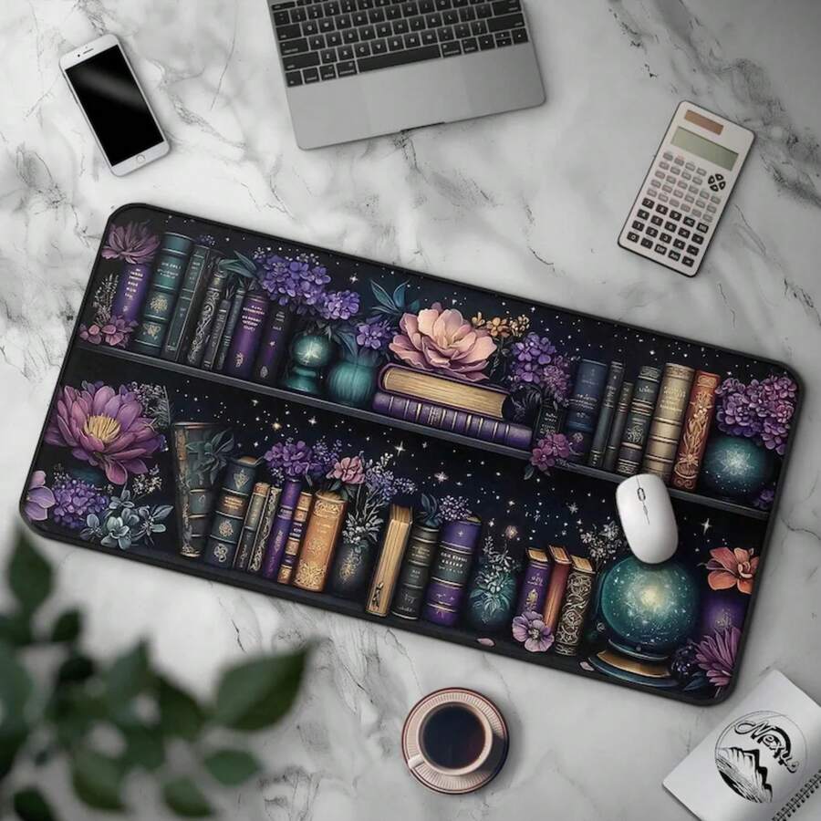 Alfombrilla de escritorio para estantería de brujas de color púrpura, libros y magia celestial floral, fantasía de brujería, alfombrilla de escritorio grande para juegos, decoración de oficina, alfombrilla de ratón grande con globo de cristal (40 x 90 cm), alfombrilla de ratón para juegos XXL de anime, alfombrilla de escritorio extendida, base de goma antideslizante, alfombrilla de ratón de ordenador larga - Blanco (caucho) - Ver 1