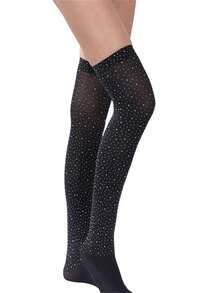 欧美INS风格秋季水钻镶嵌不透明黑白过膝长袜，闪亮水晶长筒袜，女士款 - 黑色 - 查看 6