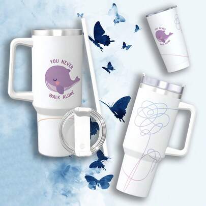 BT21 Purple Whale Cup 40oz/20oz - Korean Stainless Steel Cup | Leak-Proof Straw And Handle, 304 Stainless Steel, 12-Hour Hot/Cold Insulation | (BT/S)ARMY Fan Collectible Gift, Suitable For Travel, Camping And Christmas