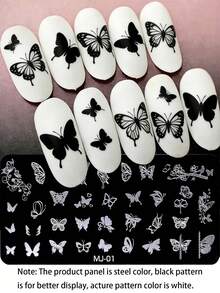 1pc Butterfly Nail Art Stamping Plate, Spring Summer Butterfly Elegant Pattern Design Y2K Style Printing Template Nail Art Accessory Tool, DIY Manicure Salon, Nail Supply - Silver - View 2