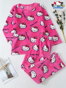 SANRIO 女士加厚绒Hello Kitty睡衣套装，长袖圆领上衣和长裤，柔软舒适休闲家居服套装，适合秋冬季穿着 - 玫紅色 - 查看 1