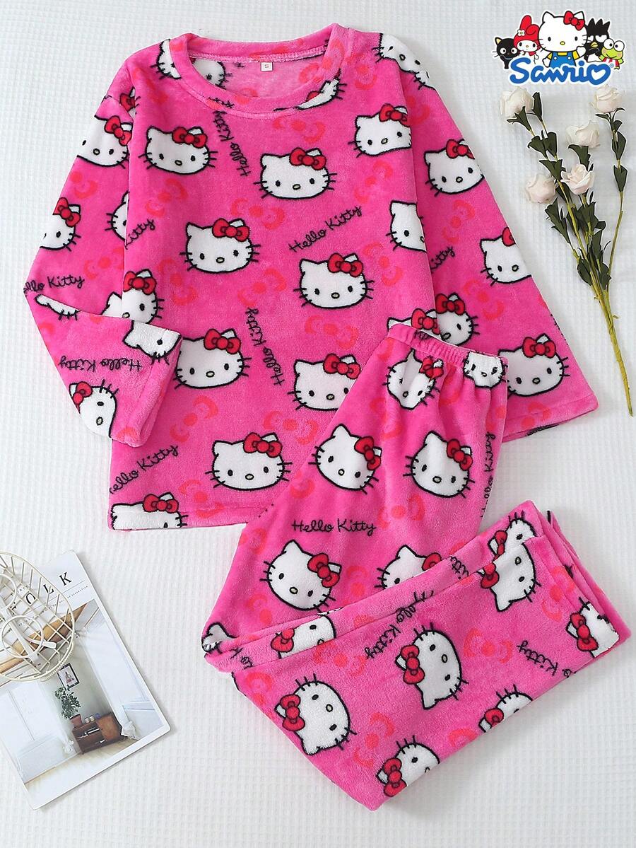 SANRIO 女士加厚绒Hello Kitty睡衣套装，长袖圆领上衣和长裤，柔软舒适休闲家居服套装，适合秋冬季穿着 - 玫紅色 - 查看 1