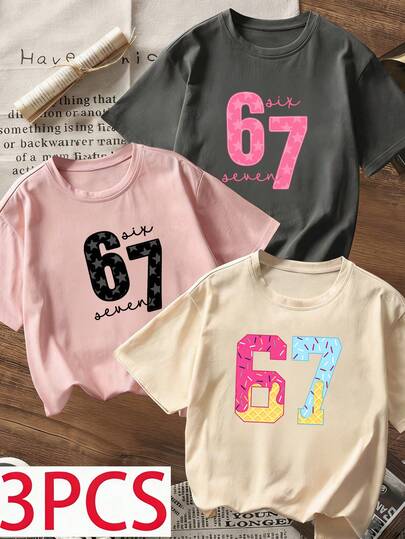 3件套女童夏季休闲宽松纯棉短袖T恤，甜美数字67星星甜甜圈糖果印花，可爱少女上衣套装