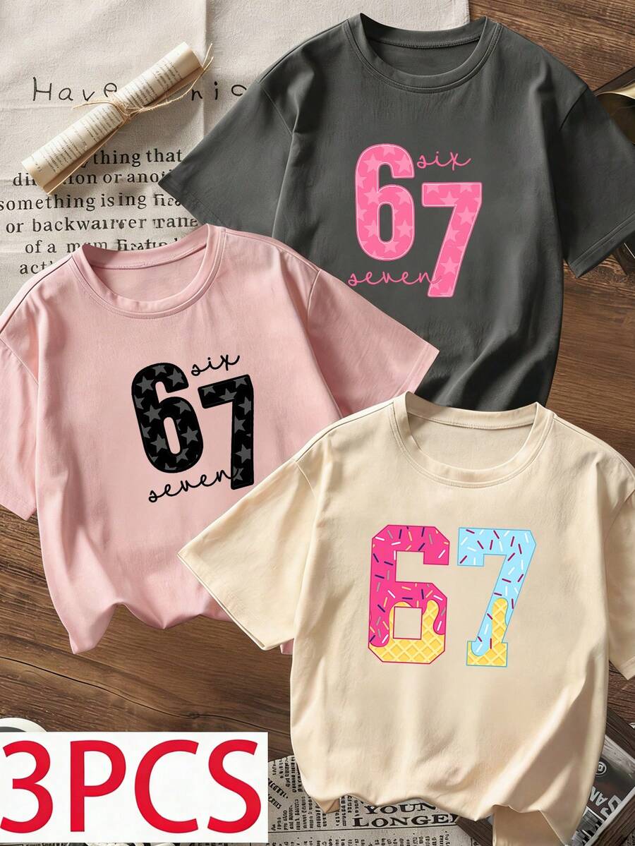 3件套女童夏季休闲宽松短袖T恤，甜美数字67星星甜甜圈糖果印花，可爱少女上衣套装 - 彩色 - 查看 1