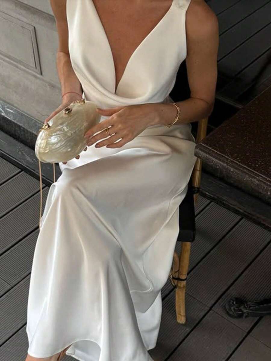 Women's New French Style Sleeveless V-Neck Textured Satin Long Sleeve Slim Fit Dress - trắng - Xem 1