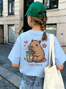 Tween Girl Cute Capybara Print T-Shirt, Soft And Comfortable Fabric, Suitable For Girls Outdoor Sports, Daily Wear, Street Style, Campus Style, Fashionable Girls Spring/Summer Casual Versatile Top - Baby Blue - View 5
