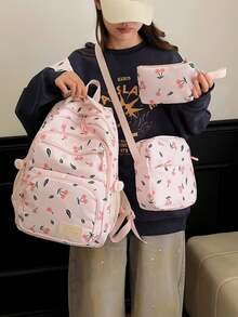 Classic Large Capacity Versatile Fashionable Backpack Set Of 3, Suitable For Graduation, Back To School, And Travel - Pink - View 5