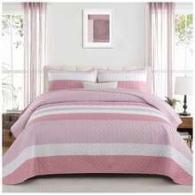 3 Pieces Boho Quilted Bedspread Set Pink Quilt Queen King Size, Bohemian Stripe Quilt Sets  Lightweight Microfiber Coverlet Bedding Set Suitable For Wedding Items, Valentines Day Home Bed Room Decor, Mothers Day Gift, All Season - 粉紅色01 - 查看 5