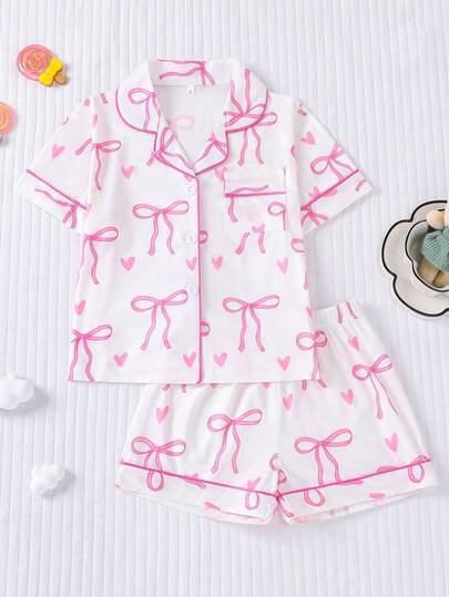 2pcs/Set Girls' Summer Pajama Set, Pink Heart & Bow Design, Short Sleeve Top + Shorts, Soft Breathable Fabric, Suitable For Party, Holiday, Daily Wear, Perfect Gift For Toddler & Young Girl