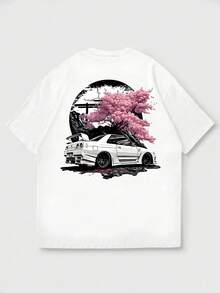Fractyr 男士夏季时尚简约街头樱花树汽车图案圆领短袖T恤 | 百搭街头休闲风T恤，男友/老公礼物 - 白色 - 查看 5