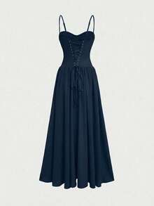 Elegant Romantic Pleated Midi Dress, Suitable For Casual, Date, Holiday, Wedding Guest Summer - Navy Blue - View 4
