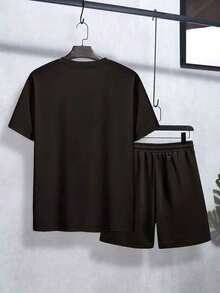 2pcs Tween Boys' Letter & Paw Print Pattern Short Sleeve T-Shirt And Shorts, Ideal For Spring/Summer Wear, Suitable For Daily, Party, School, Music Festival, Vacation And Commuting - Black - View 2