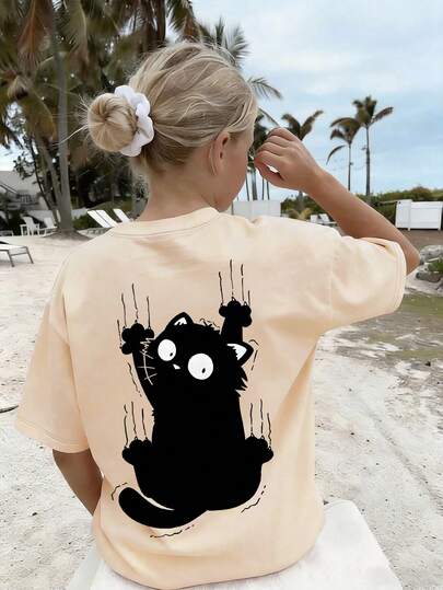 This Casual Apricot Round Neck T-Shirt Is Designed For Slightly Larger Children, Featuring A Creative Cat Print, Very Suitable For Girls And Slightly Older Teenagers. Suitable For School, Shopping, Street Style And Vacation Wear. Not Only Suitable For Daily Wear, But Also An Excellent Gift For Friends And Family.