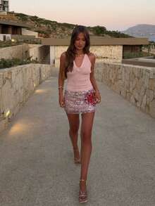 Vivid Style 女士性感、百搭、休闲、时尚派对、海滩度假紧身无袖上衣，手工针织粉色花卉吊带背心，女士夏季服装，女士海滩度假服装，粉色上衣 - 粉色 - 查看 3