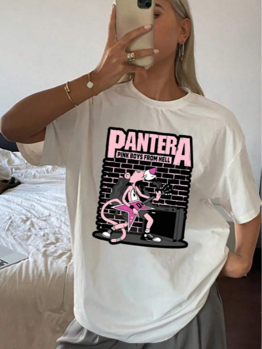 Panteras Rosas Anime Guitarra Verano Lindo Estilo Artístico Manga Corta Ropa Suelta Camisas de Mujer Musica Moda Tops para mujer - Blanco - Ver 1