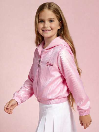  Chamarra Barbie® Infantil Rosa Metálica con Capucha y Cierre