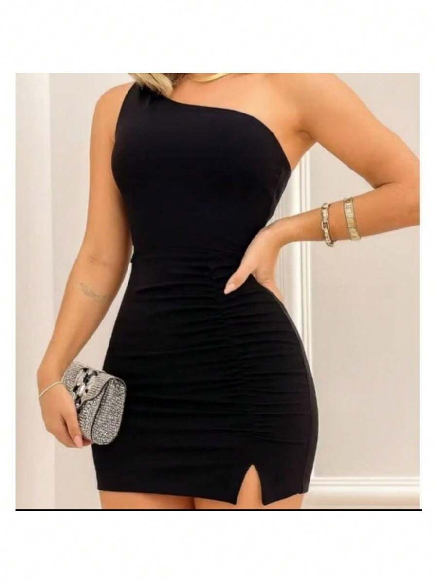 Women's Short Bodycon Dress With One-Shoulder Neckline And Pleated Tank Top - màu đen - Xem 1